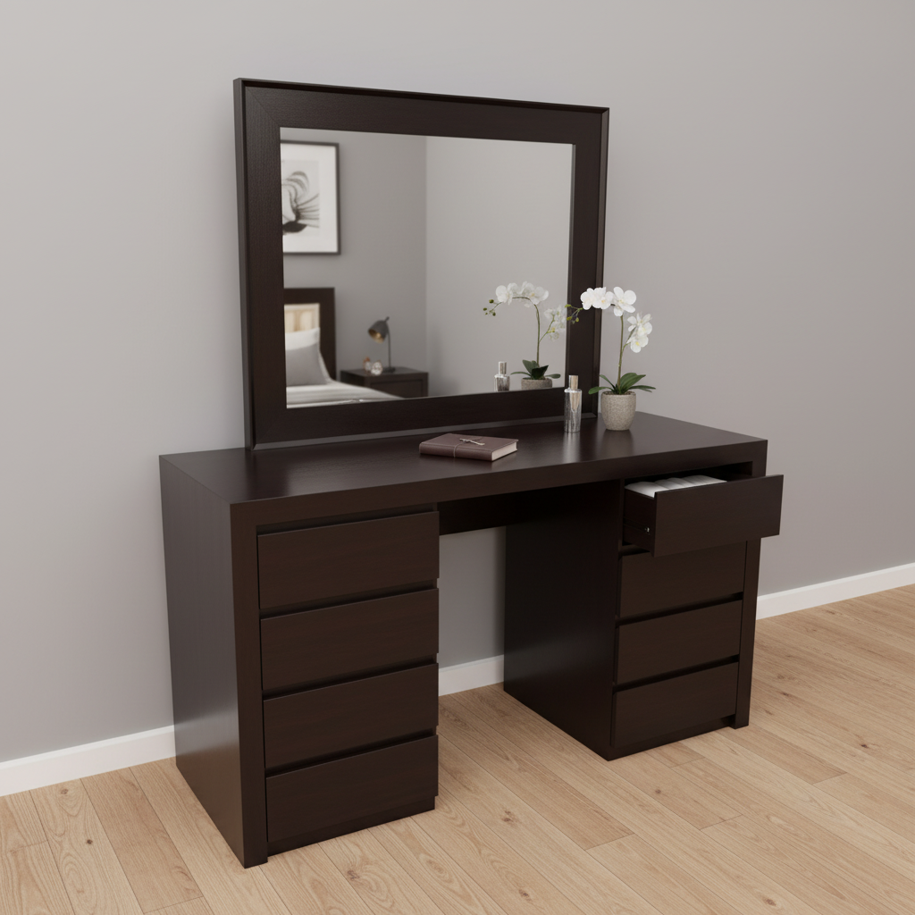 Dark wood vanity with a mirror and drawers - good will furnitures